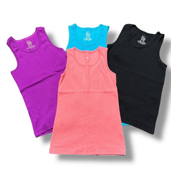 Set of 4 Girls Tank Tops Sleeveless Ribbed Pink Purple Black Blue Large 10 12 - Picture 1 of 13